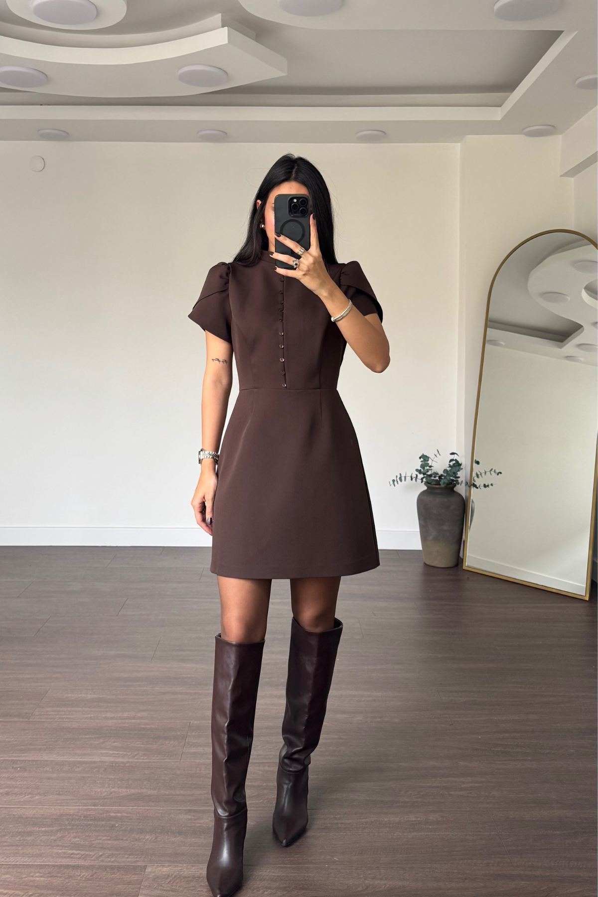 Düğmeli Lale Kol Elbise-Kahve