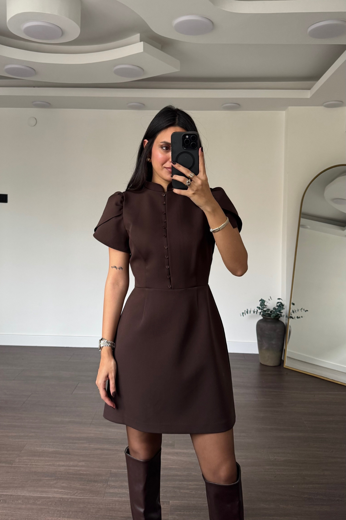 Düğmeli Lale Kol Elbise-Kahve
