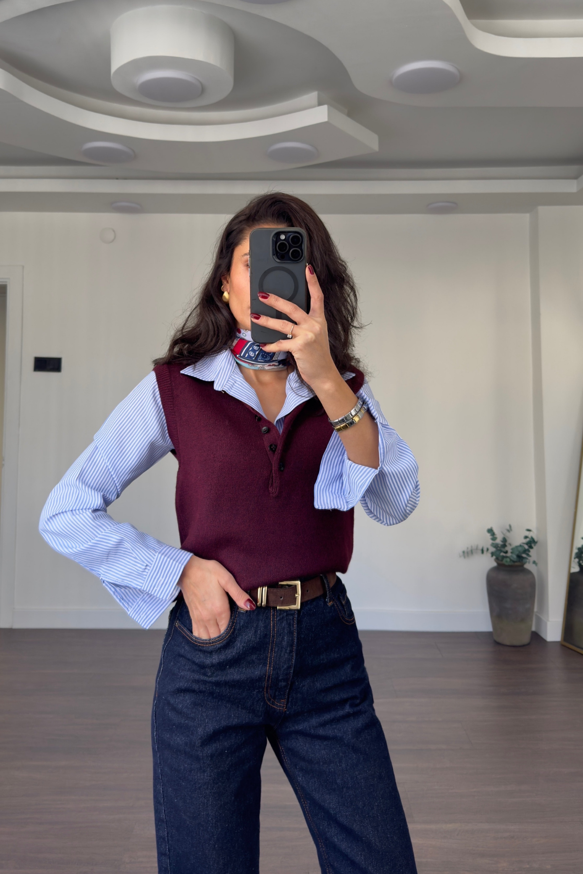 Düğmeli Polo Yaka Triko Süveter-Bordo
