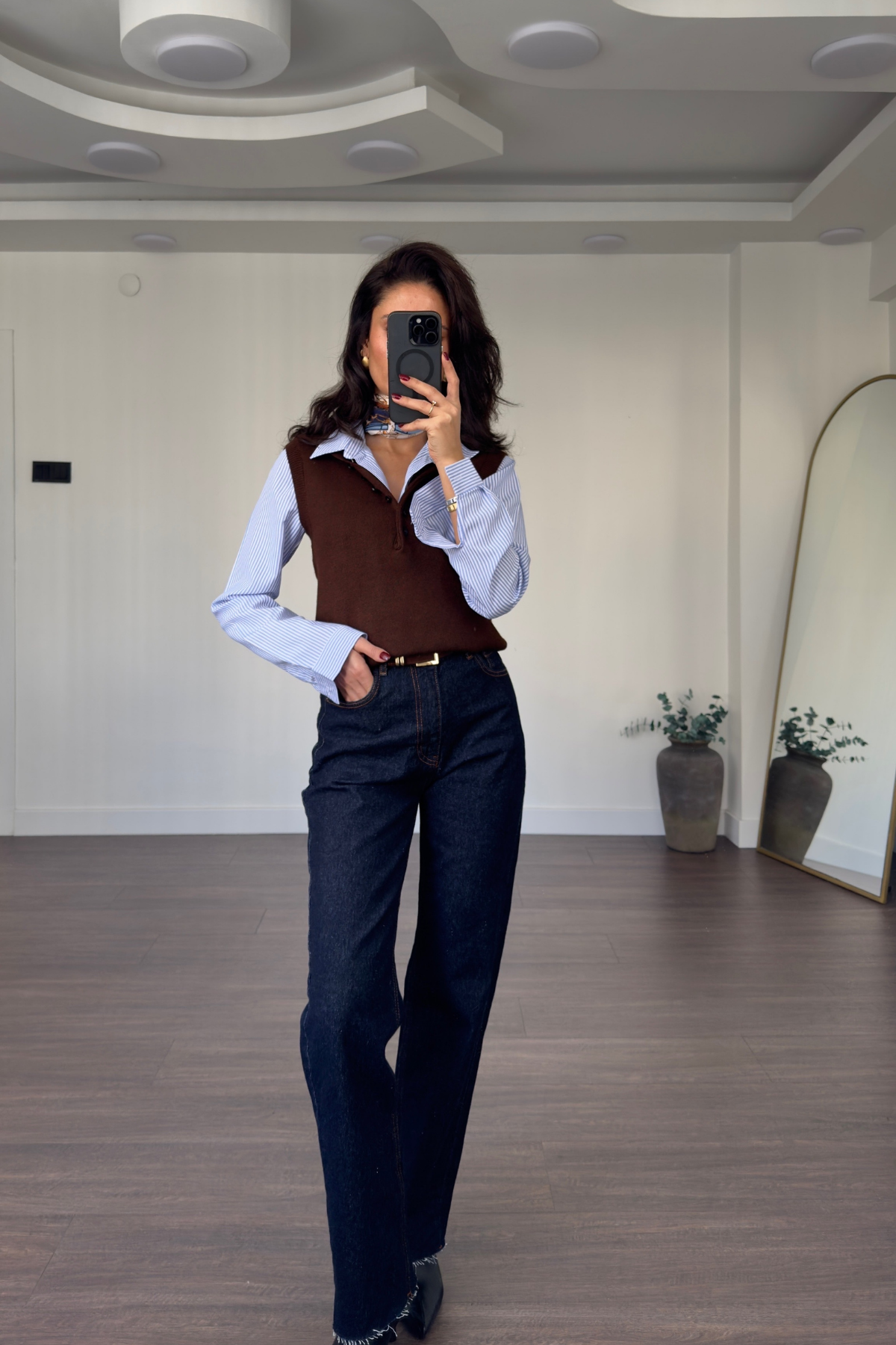 Düğmeli Polo Yaka Triko Süveter-Kahve