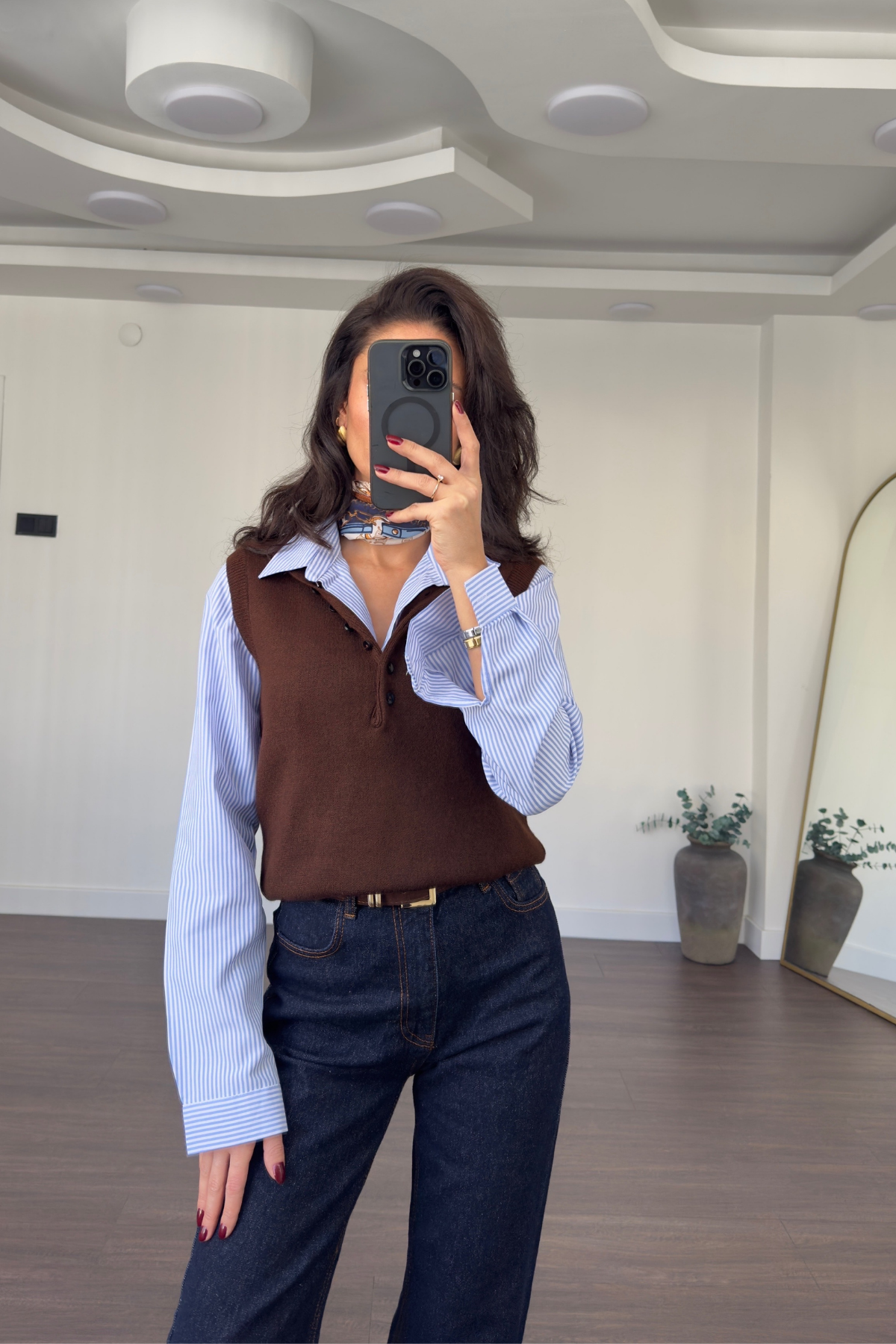 Düğmeli Polo Yaka Triko Süveter-Kahve