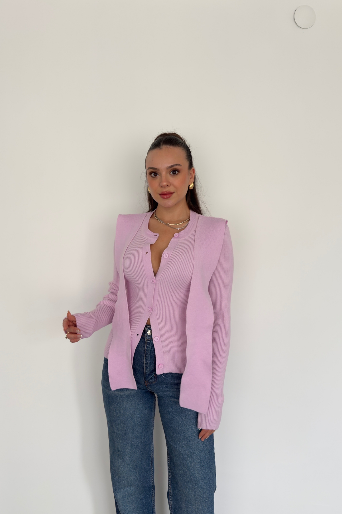 Düğmeli Şal Detaylı Triko Kazak-Pembe
