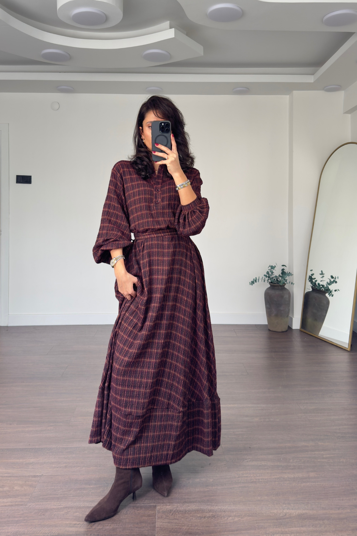 Ekose Desen Kuşaklı Elbise-Bordo