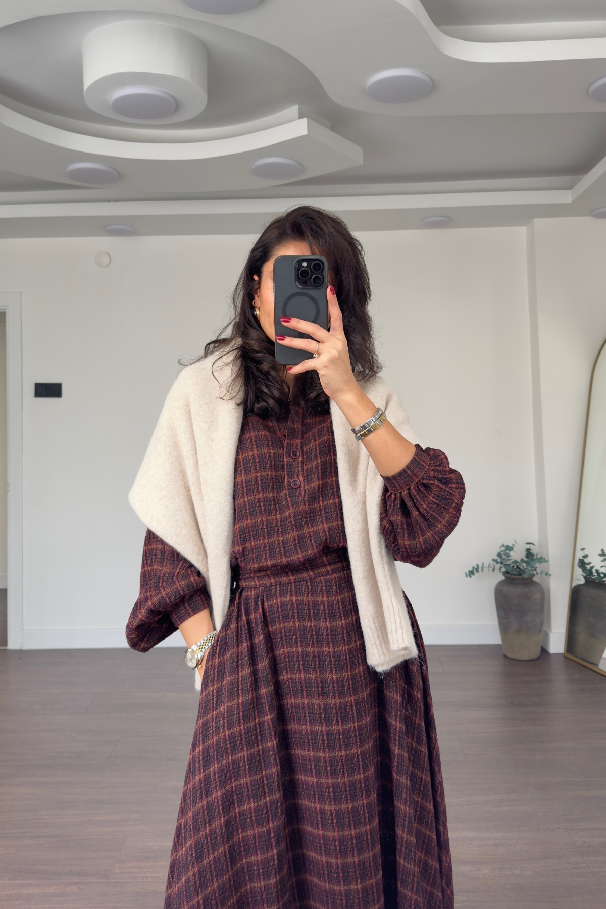 Ekose Desen Kuşaklı Elbise-Bordo
