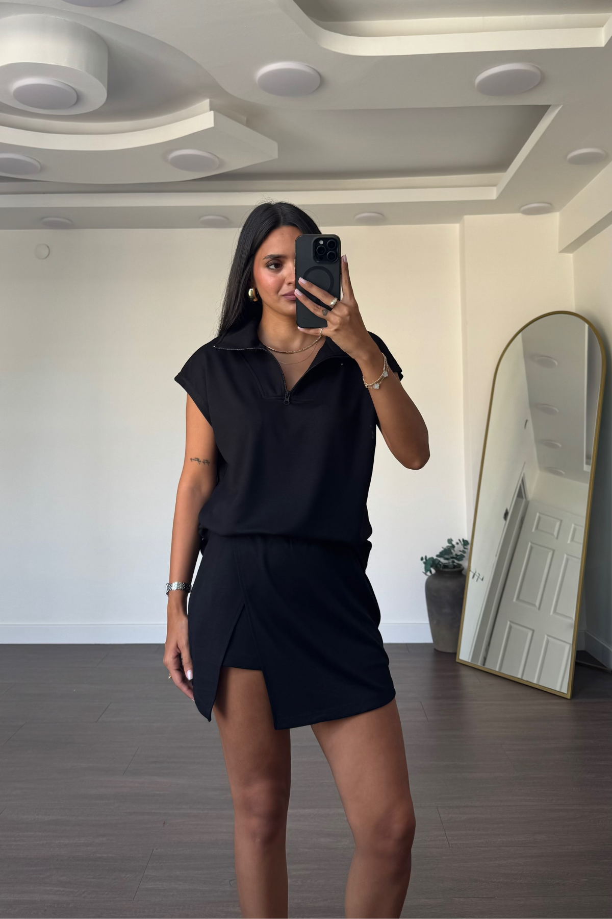 Fermuarlı Bluz Şort Etek Takım-Siyah