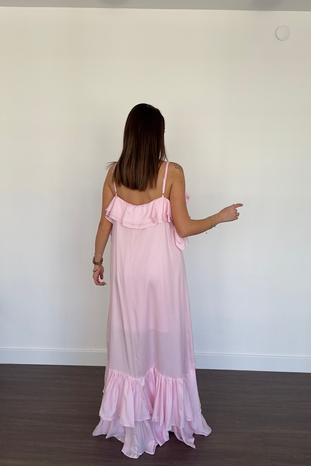 Fırfır Detaylı Askılı Elbise-Pembe