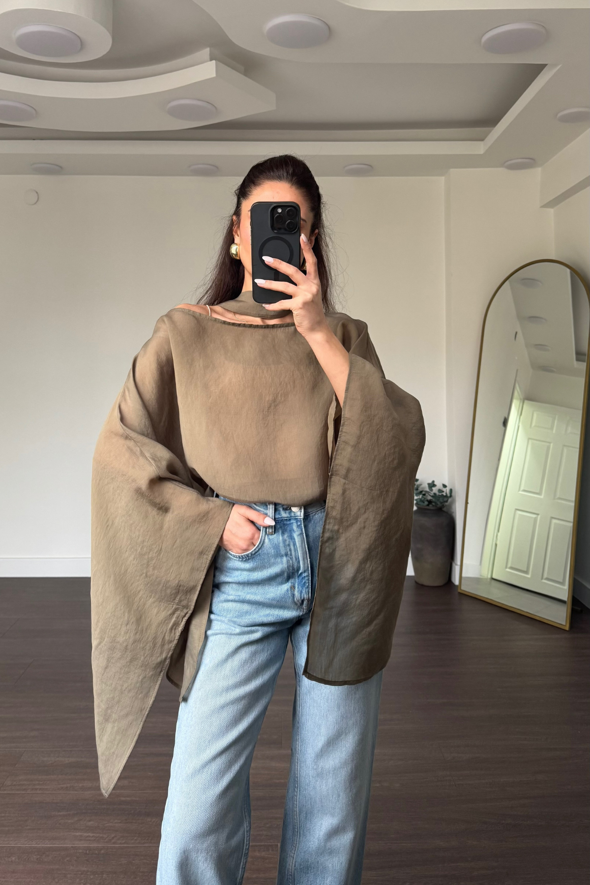 Fularlı Asimetrik Tensel Bluz-Haki