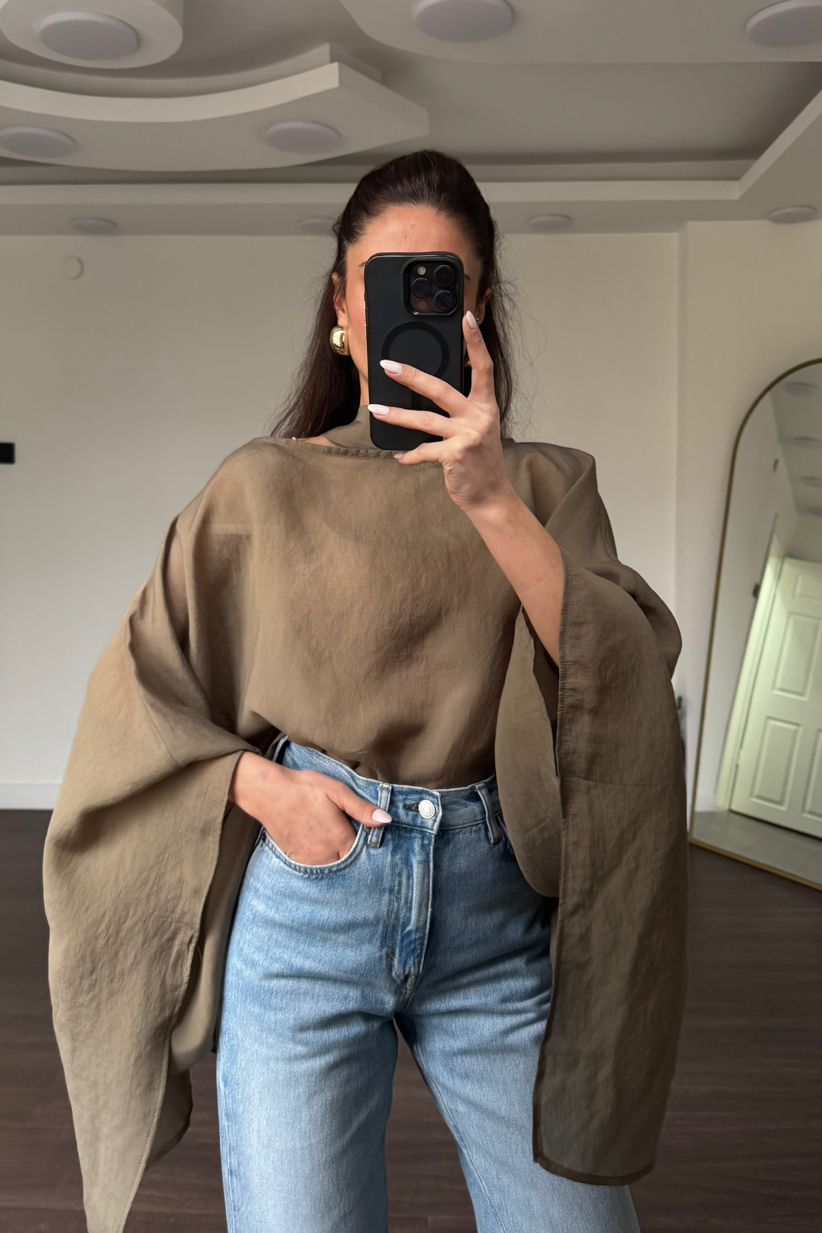 Fularlı Asimetrik Tensel Bluz-Haki