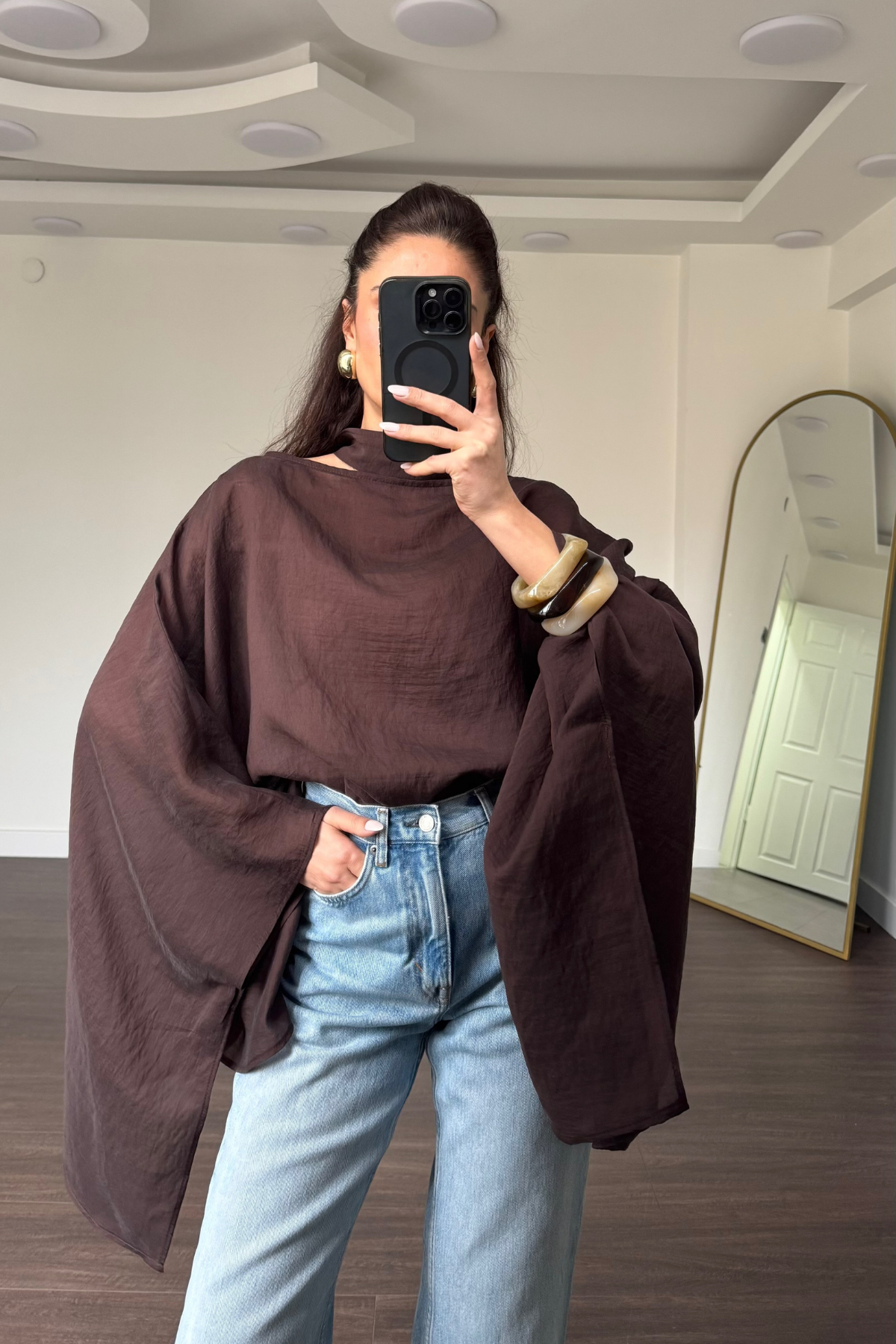 Fularlı Asimetrik Tensel Bluz-Kahve