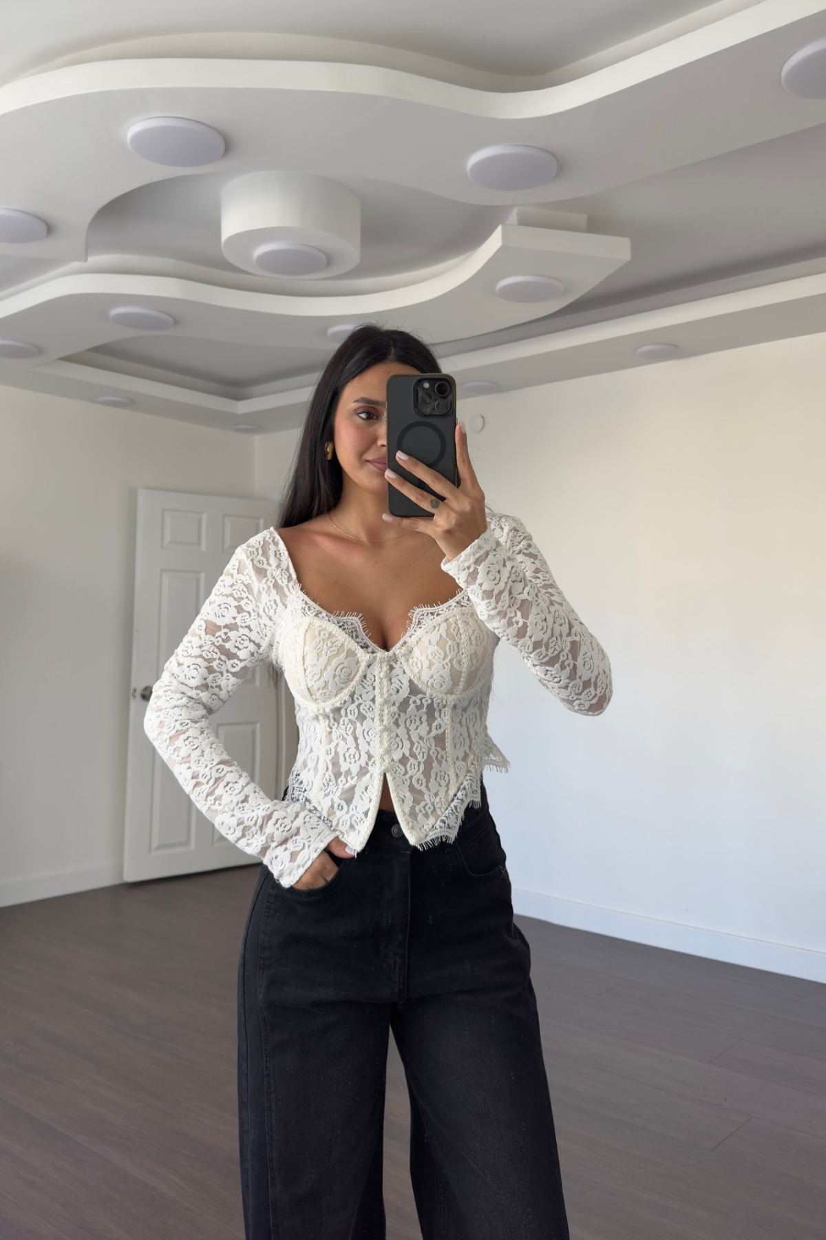 Göğüs Kuplu Dantel Detaylı Korse Bluz-Ekru