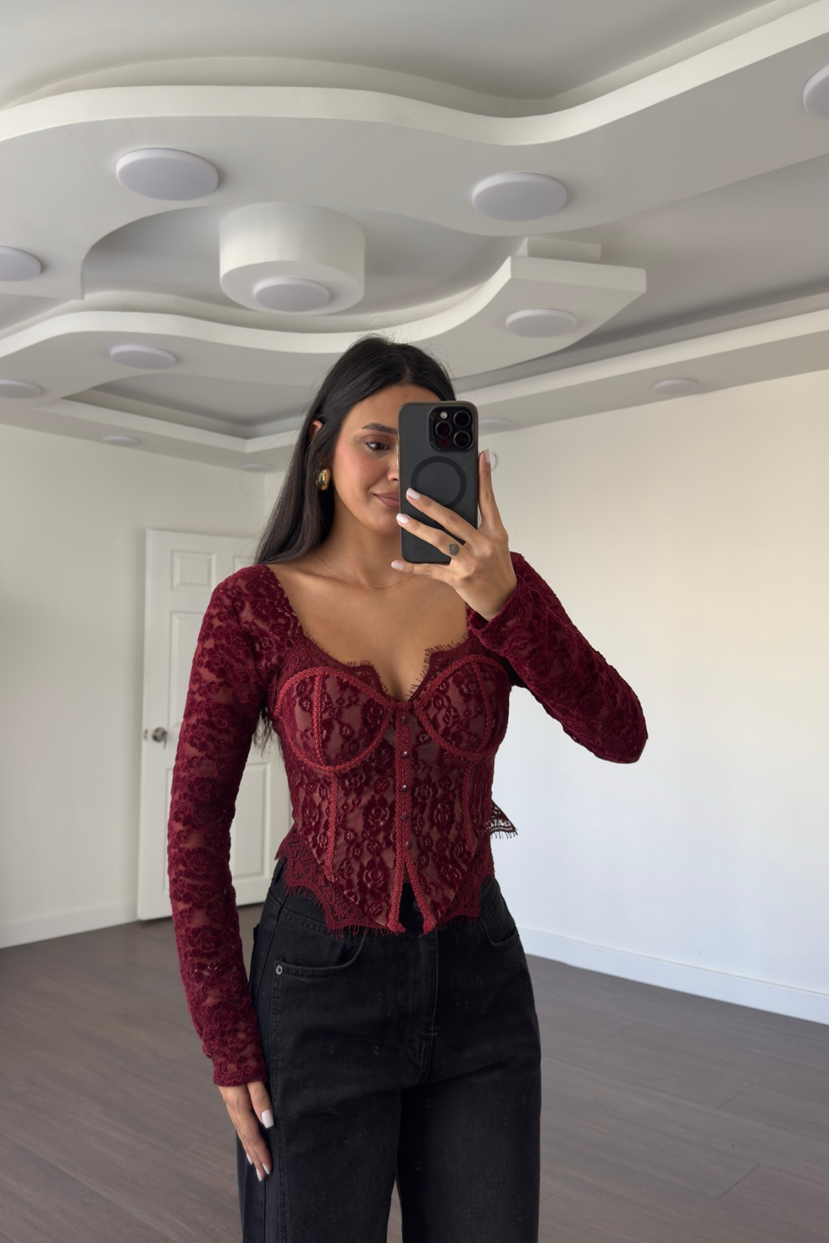 Göğüs Kuplu Dantel Detaylı Korse Bluz-Bordo