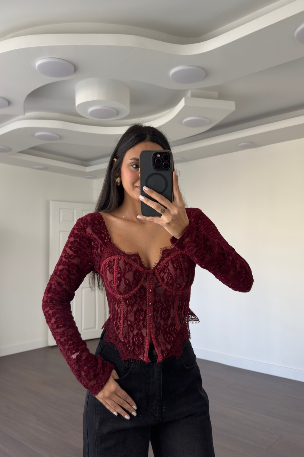 Göğüs Kuplu Dantel Detaylı Korse Bluz-Bordo