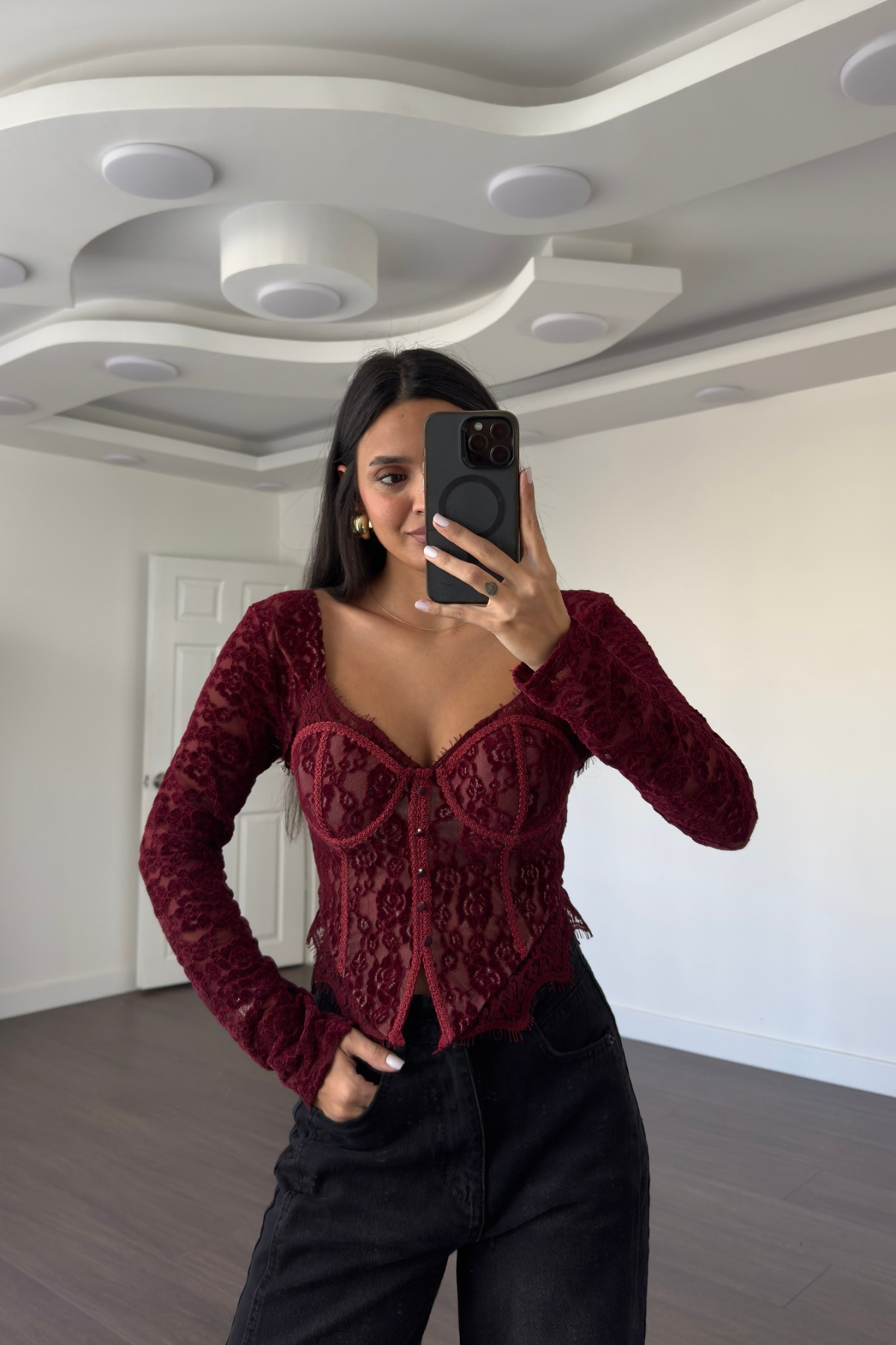 Göğüs Kuplu Dantel Detaylı Korse Bluz-Bordo