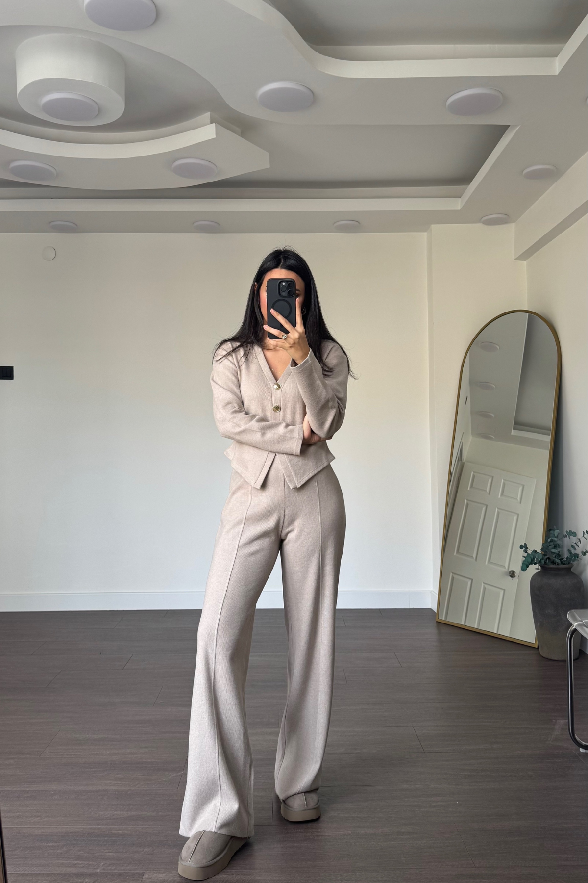 Gold Düğme Detaylı Pantolon Takım-Bej