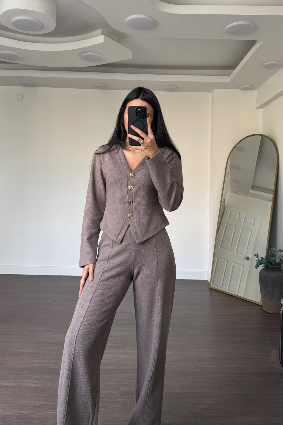 Gold Düğme Detaylı Pantolon Takım-Vizon