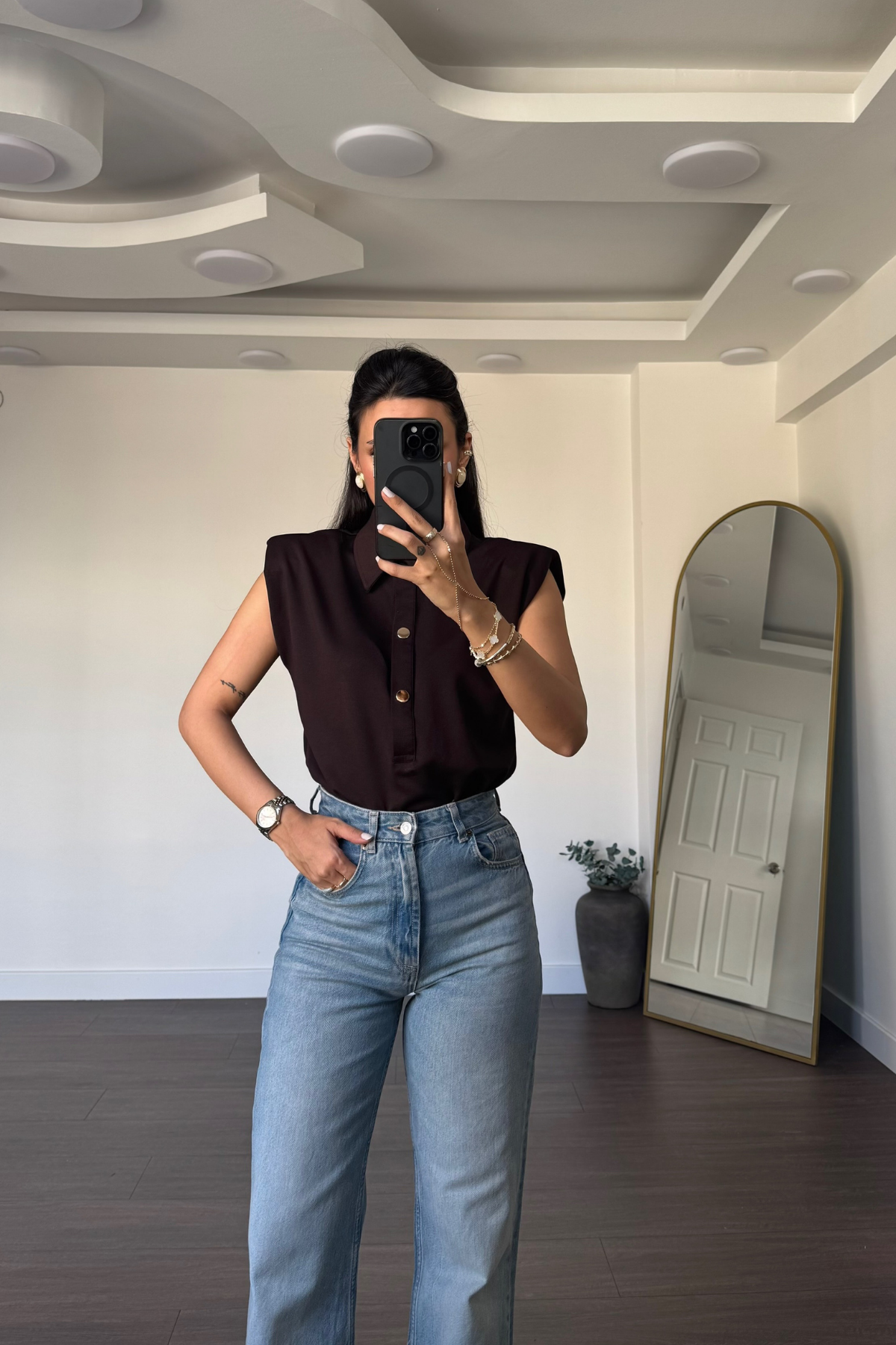 Gold Düğmeli Vatkalı Bodysuit-Kahve
