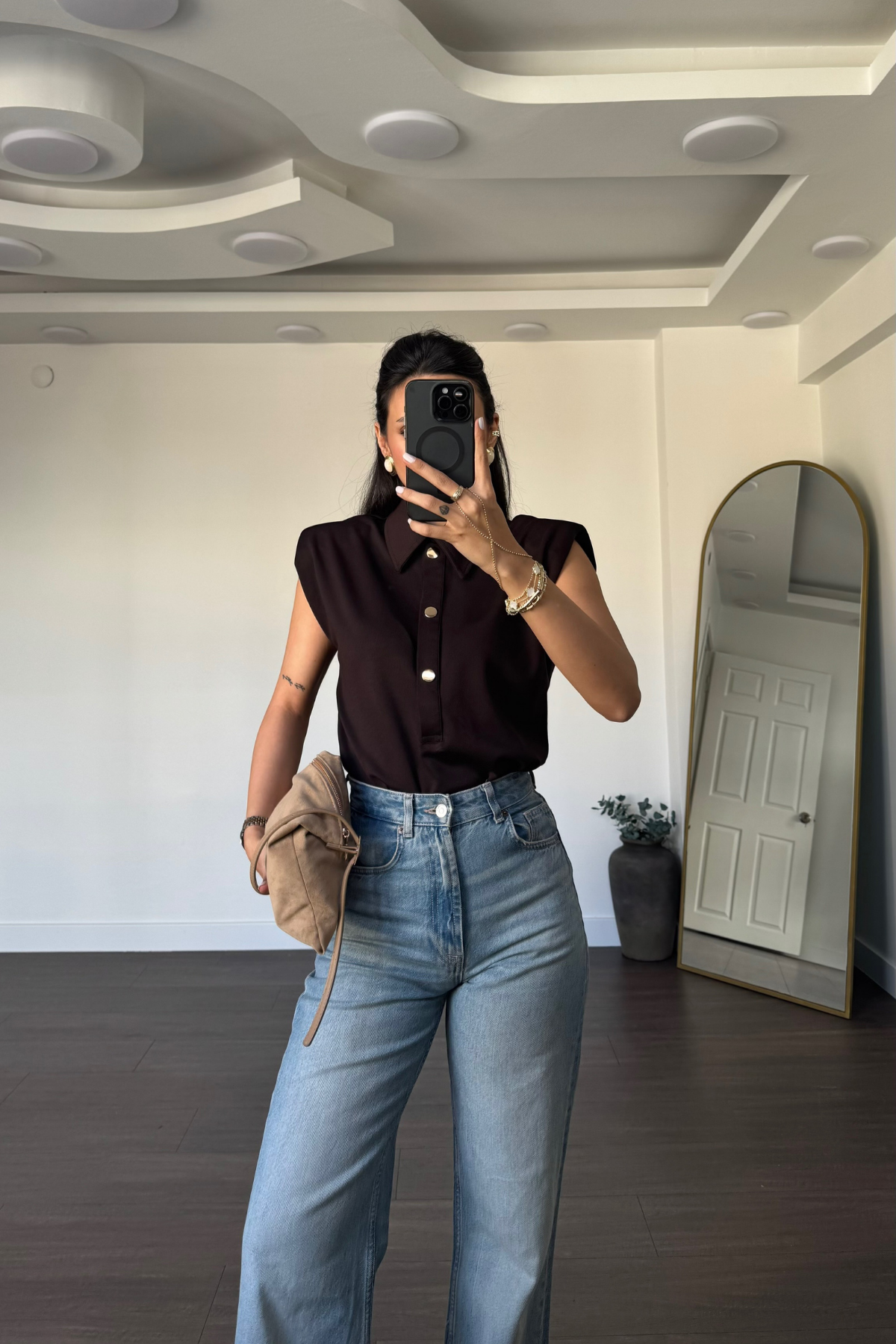 Gold Düğmeli Vatkalı Bodysuit-Kahve