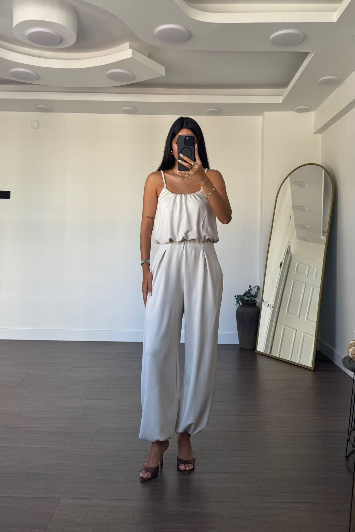 İp Askılı Bluz Şalvar Pantolon Takım-Taş