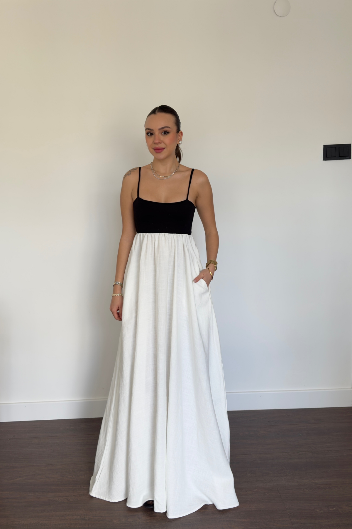 İp Askılı Ekru Maxi Elbise