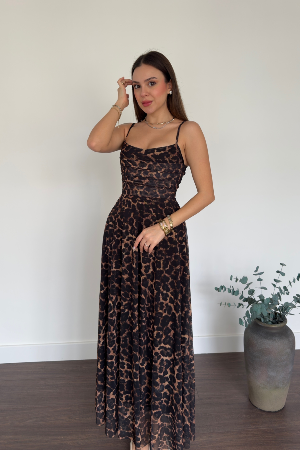 İp Askılı Leopar Desen Elbise