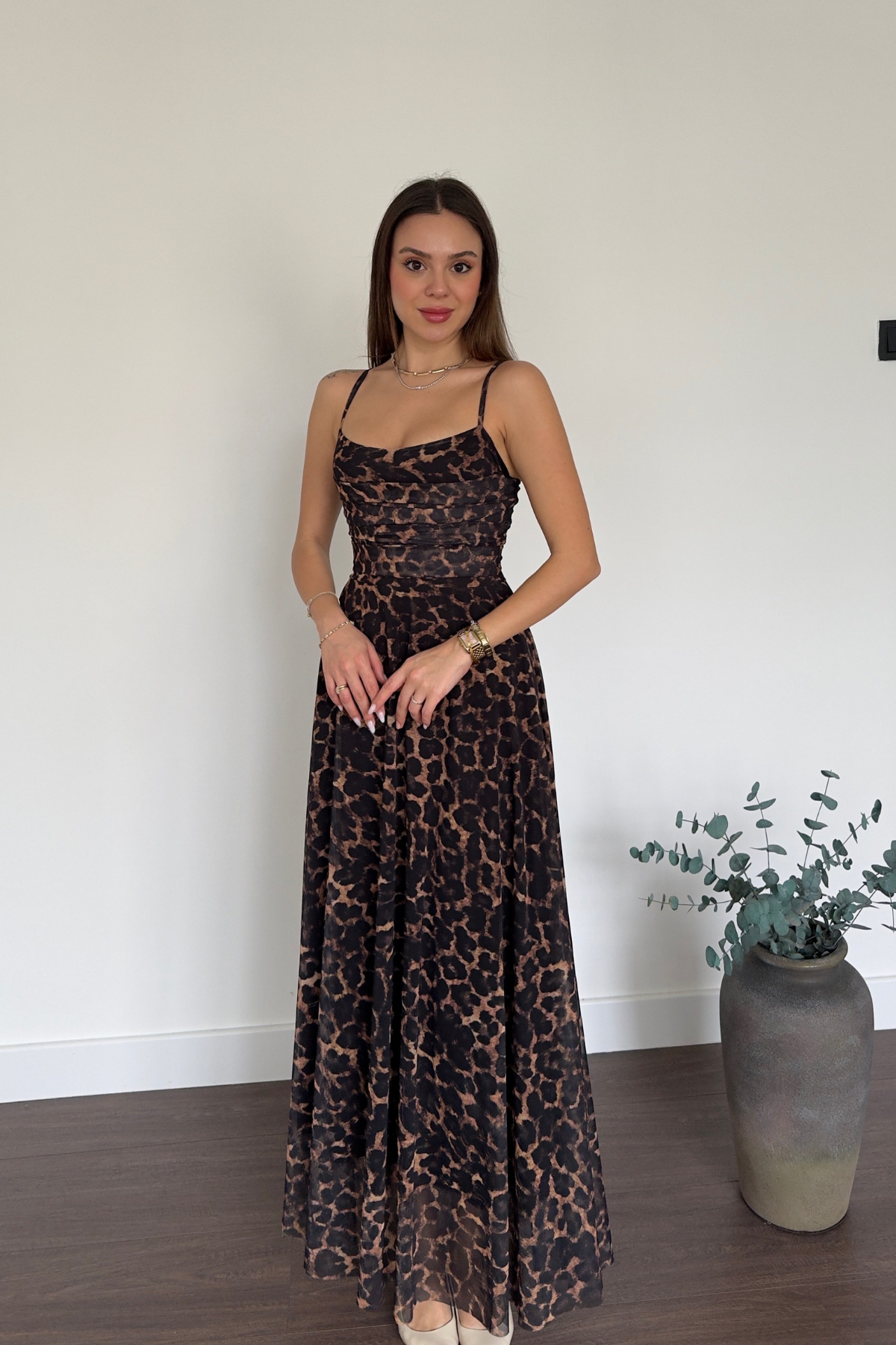 İp Askılı Leopar Desen Elbise