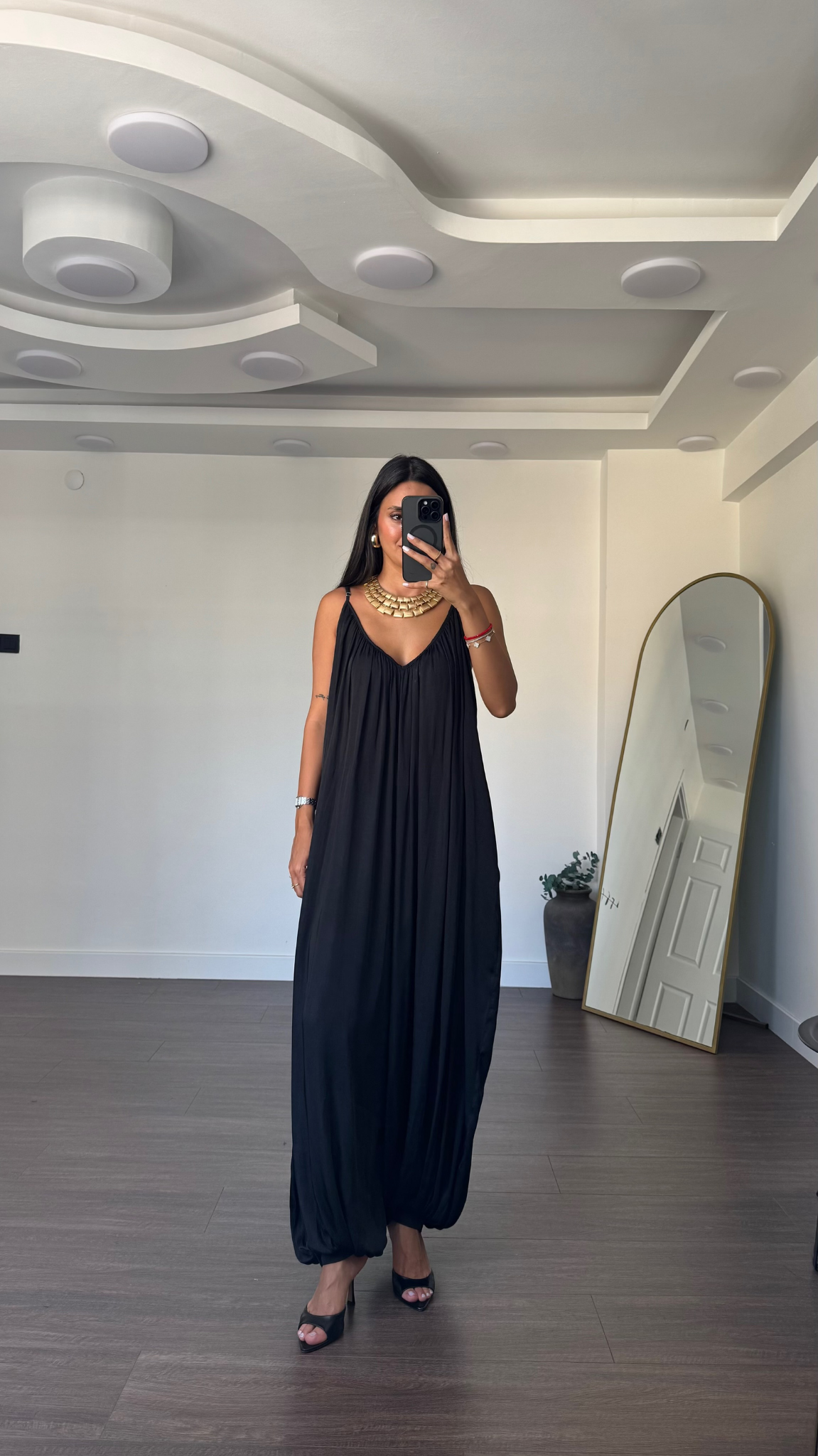 İp Askılı Saten Tulum-Siyah