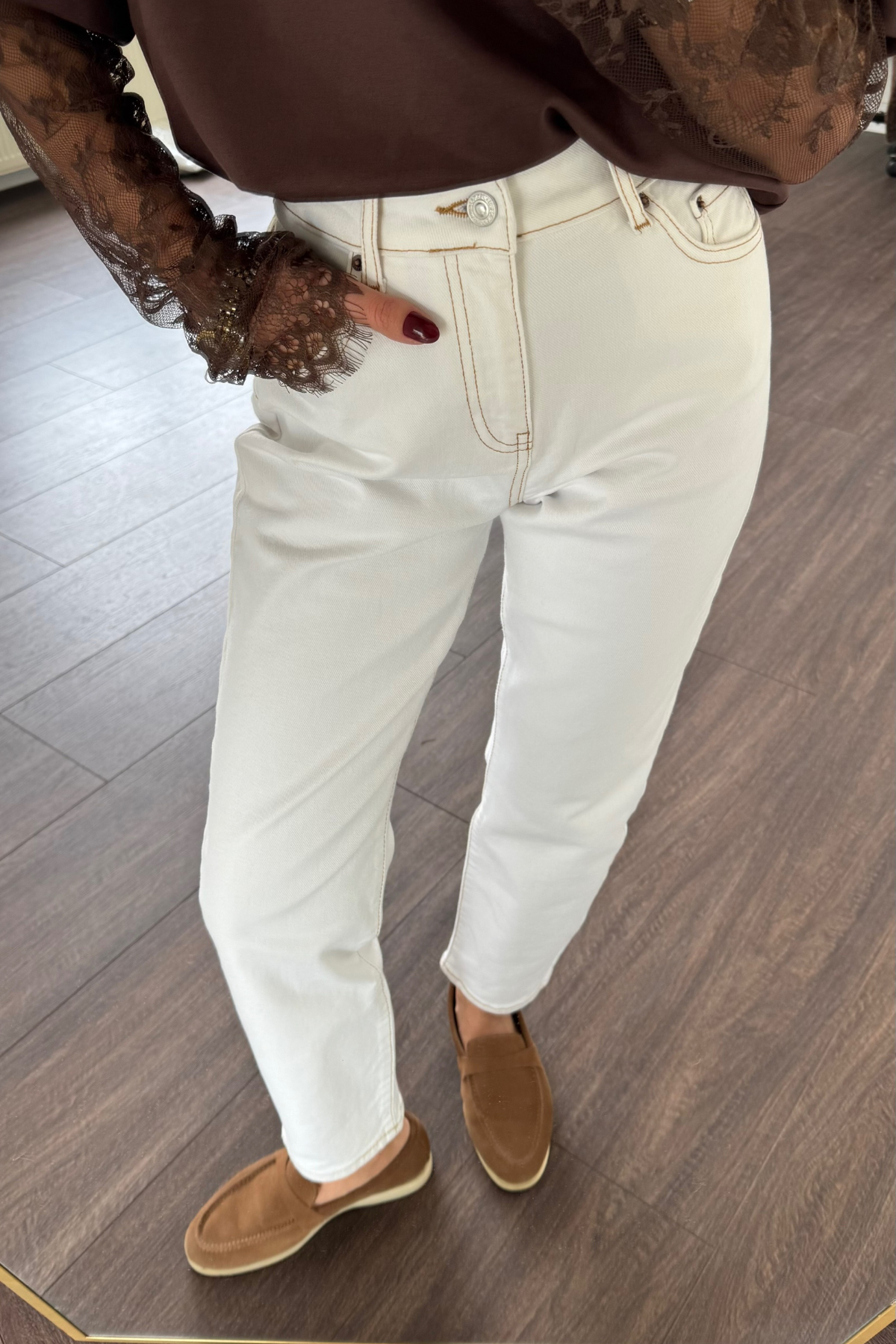 Kahve Dikişli Boyfit Jean Pantolon-Ekru