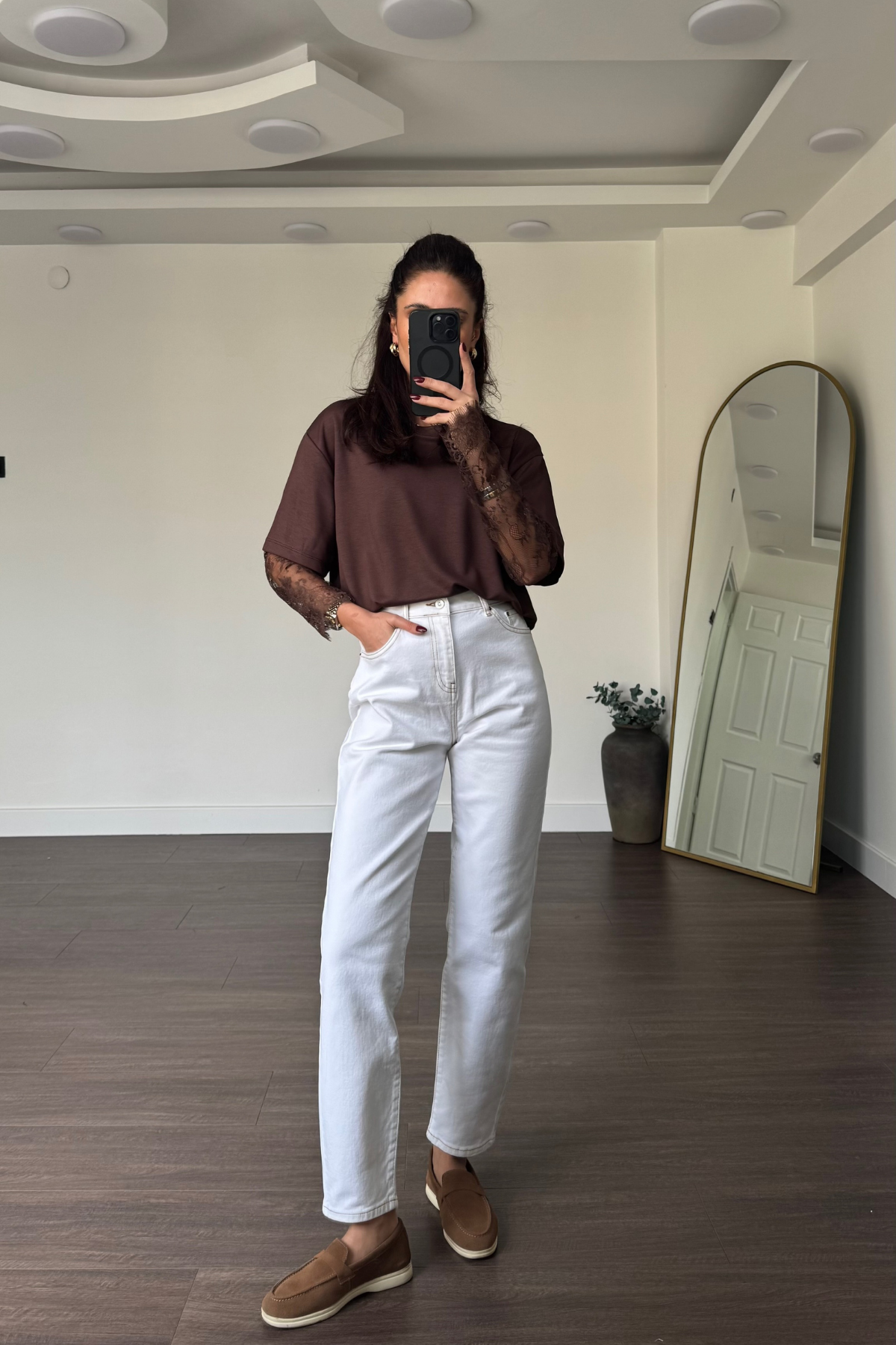 Kahve Dikişli Boyfit Jean Pantolon-Ekru