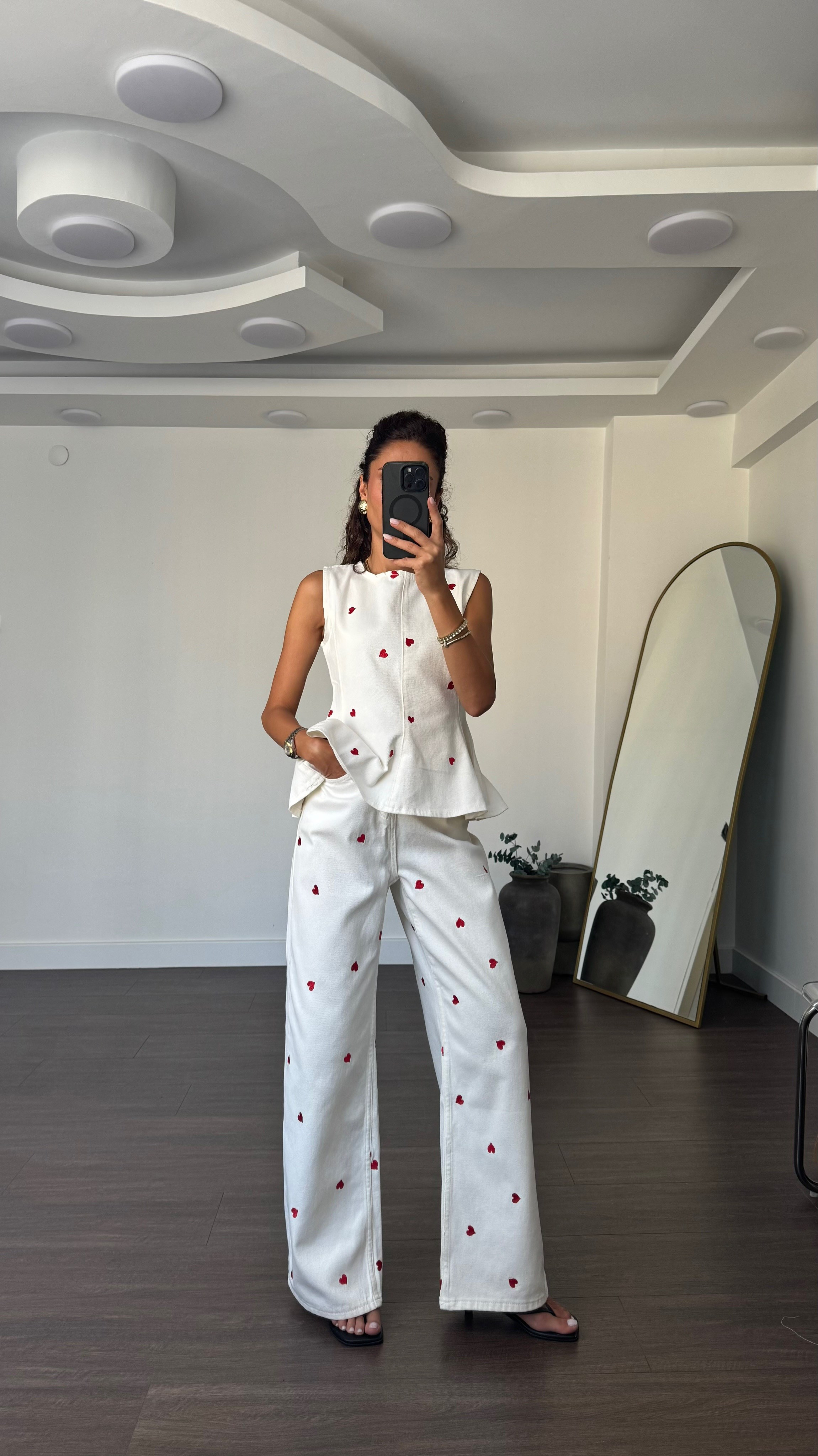 Kalp İşlemeli Bluz Pantolon Denim Takım-Ekru