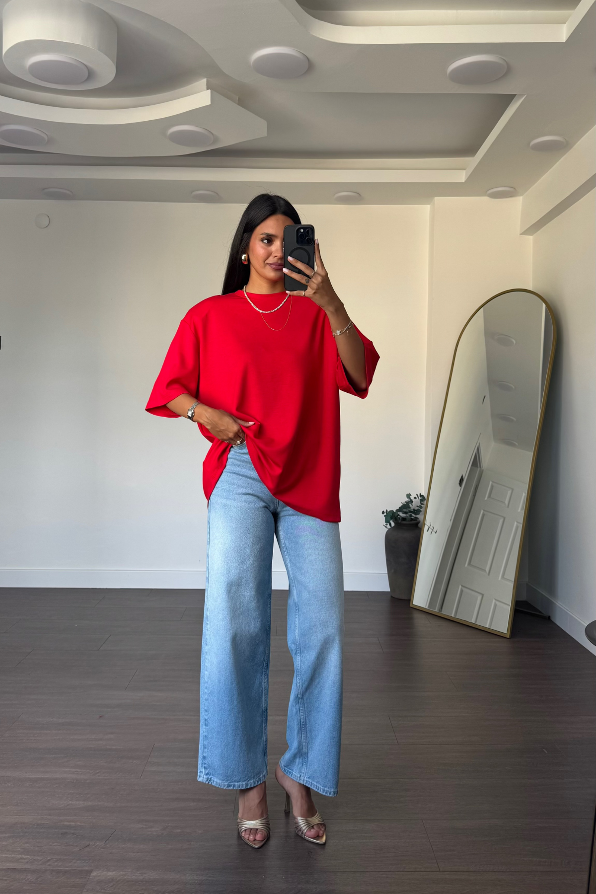 Kalp Sırt Dekolteli Oversize Bluz-Kırmızı