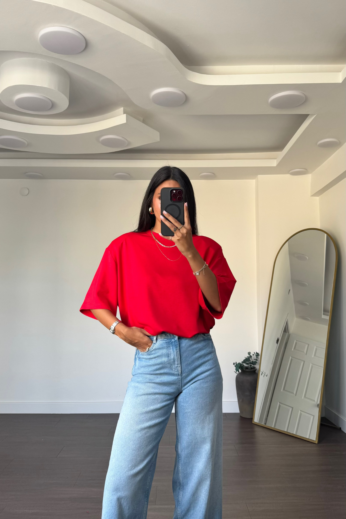 Kalp Sırt Dekolteli Oversize Bluz-Kırmızı