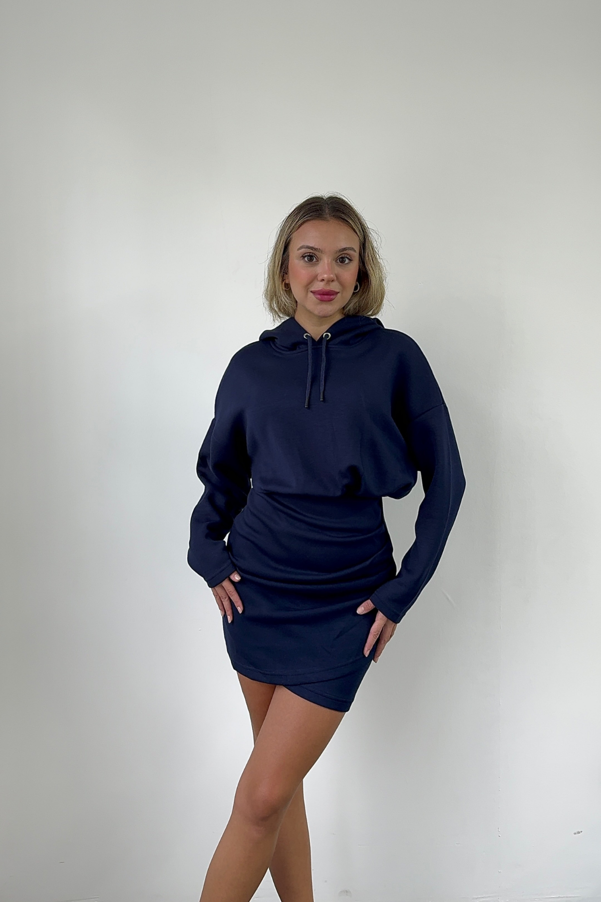 Kapüşonlu Modal Kumaş Lacivert Sweat Elbise