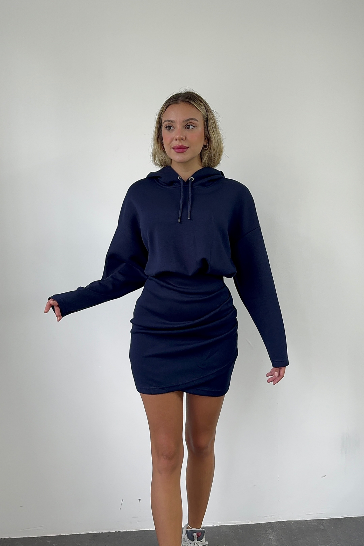 Kapüşonlu Modal Kumaş Lacivert Sweat Elbise