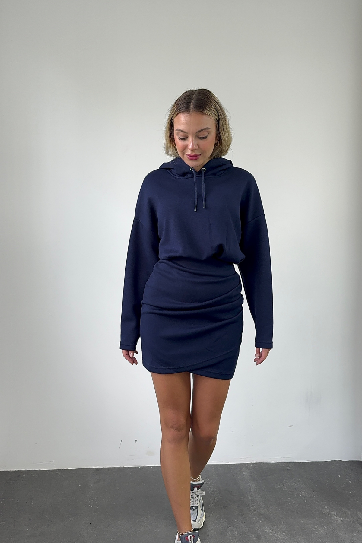 Kapüşonlu Modal Kumaş Lacivert Sweat Elbise