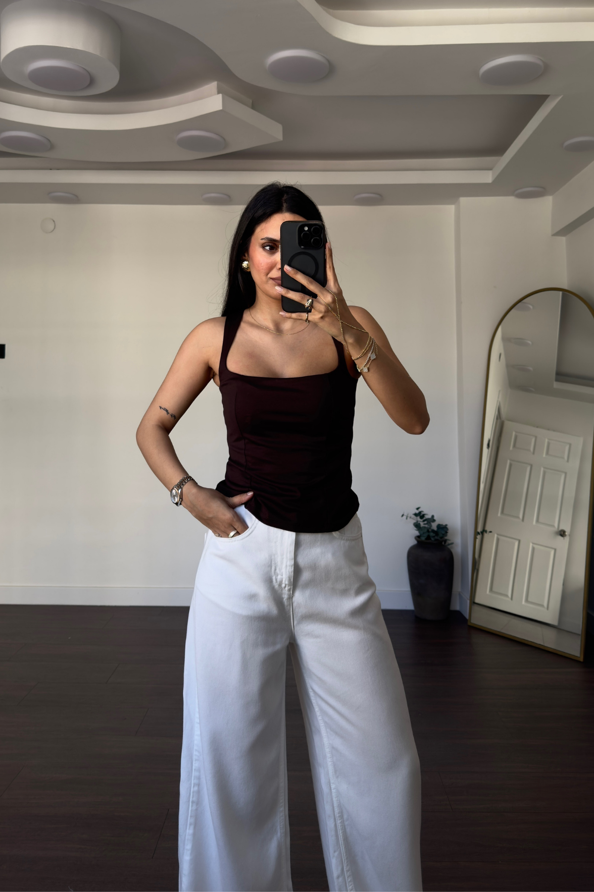 Kare Yaka Askılı Atlet-Kahve