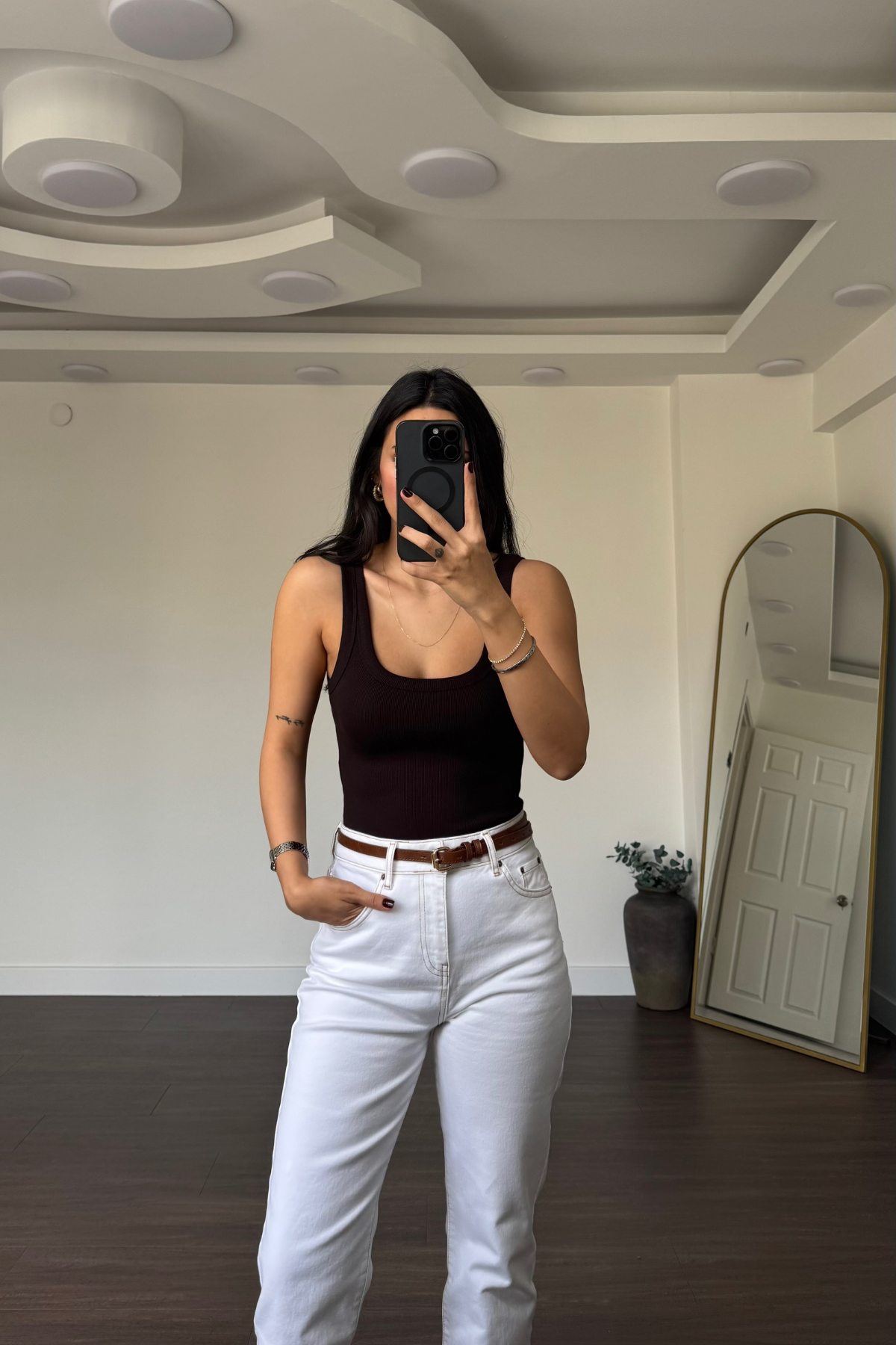 Kare Yaka Fitilli Bodysuit-Acı Kahve