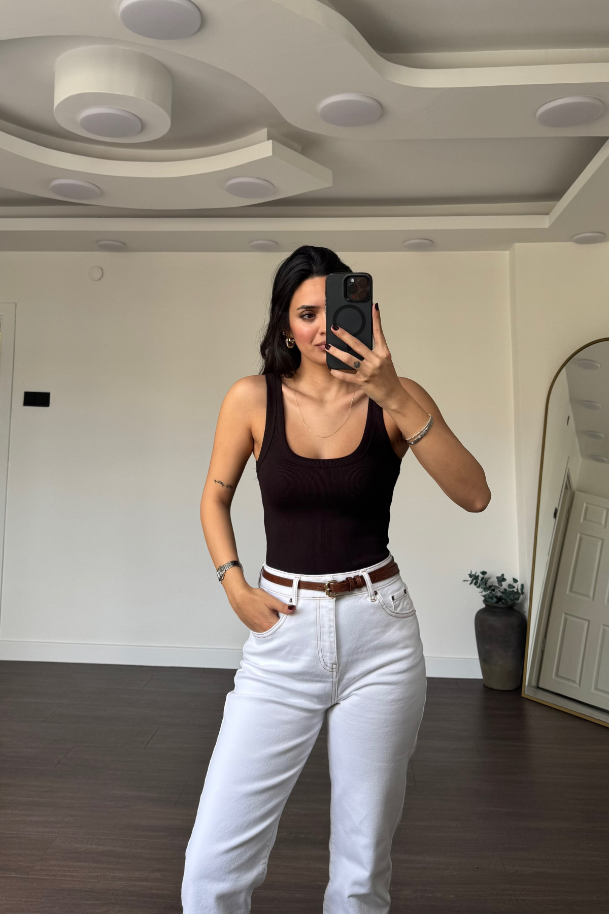 Kare Yaka Fitilli Bodysuit-Acı Kahve