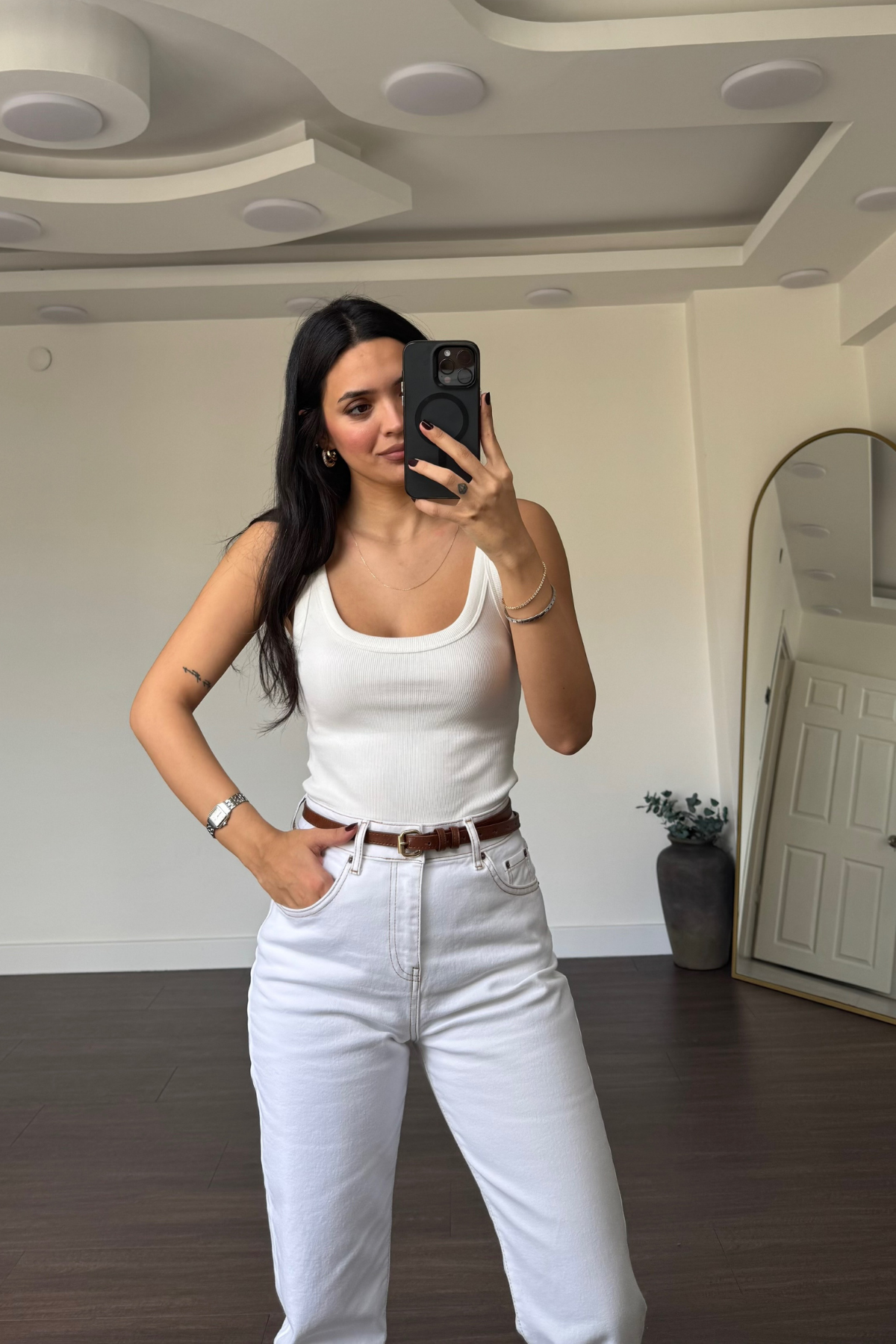 Kare Yaka Fitilli Bodysuit-Beyaz