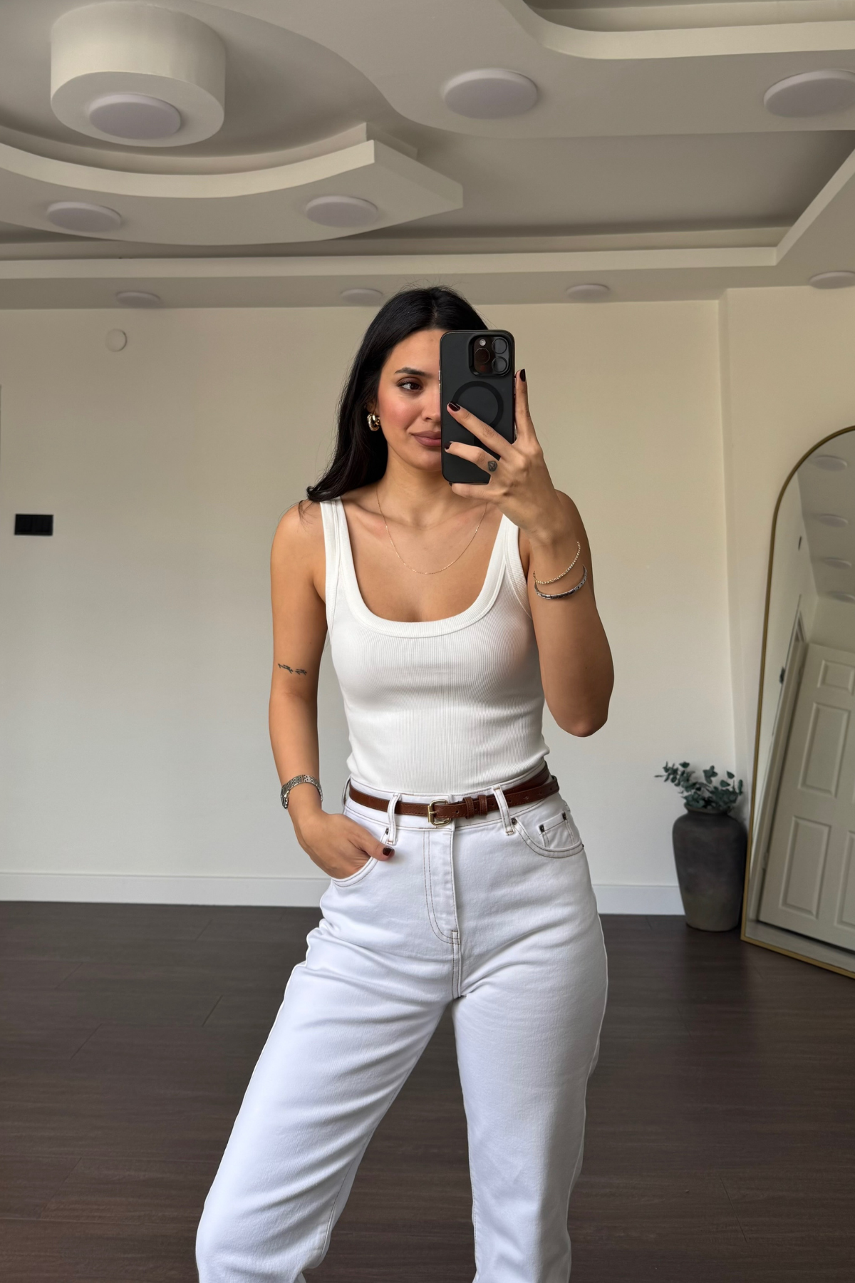 Kare Yaka Fitilli Bodysuit-Beyaz