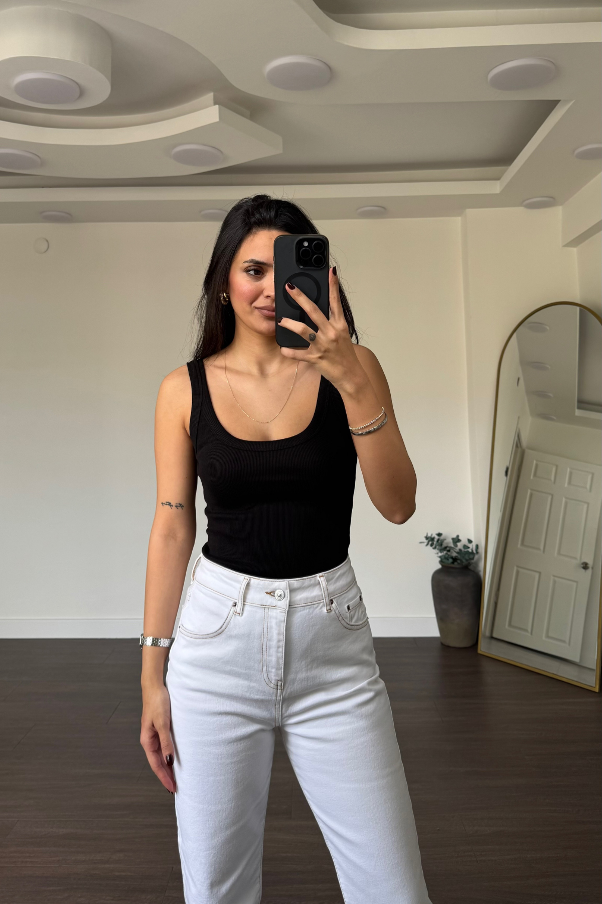 Kare Yaka Fitilli Bodysuit-Siyah