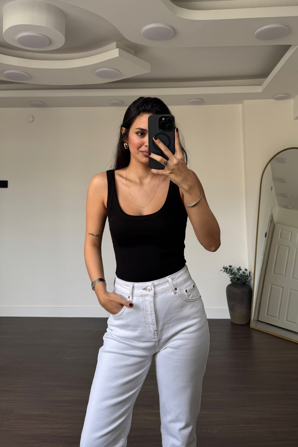 Kare Yaka Fitilli Bodysuit-Siyah