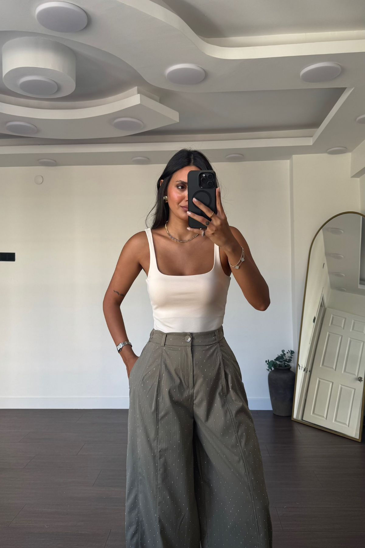 Kare Yaka Kolsuz Bodysuit-Bej