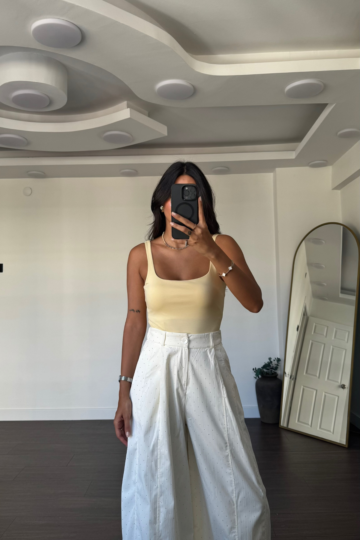 Kare Yaka Kolsuz Bodysuit-Sarı