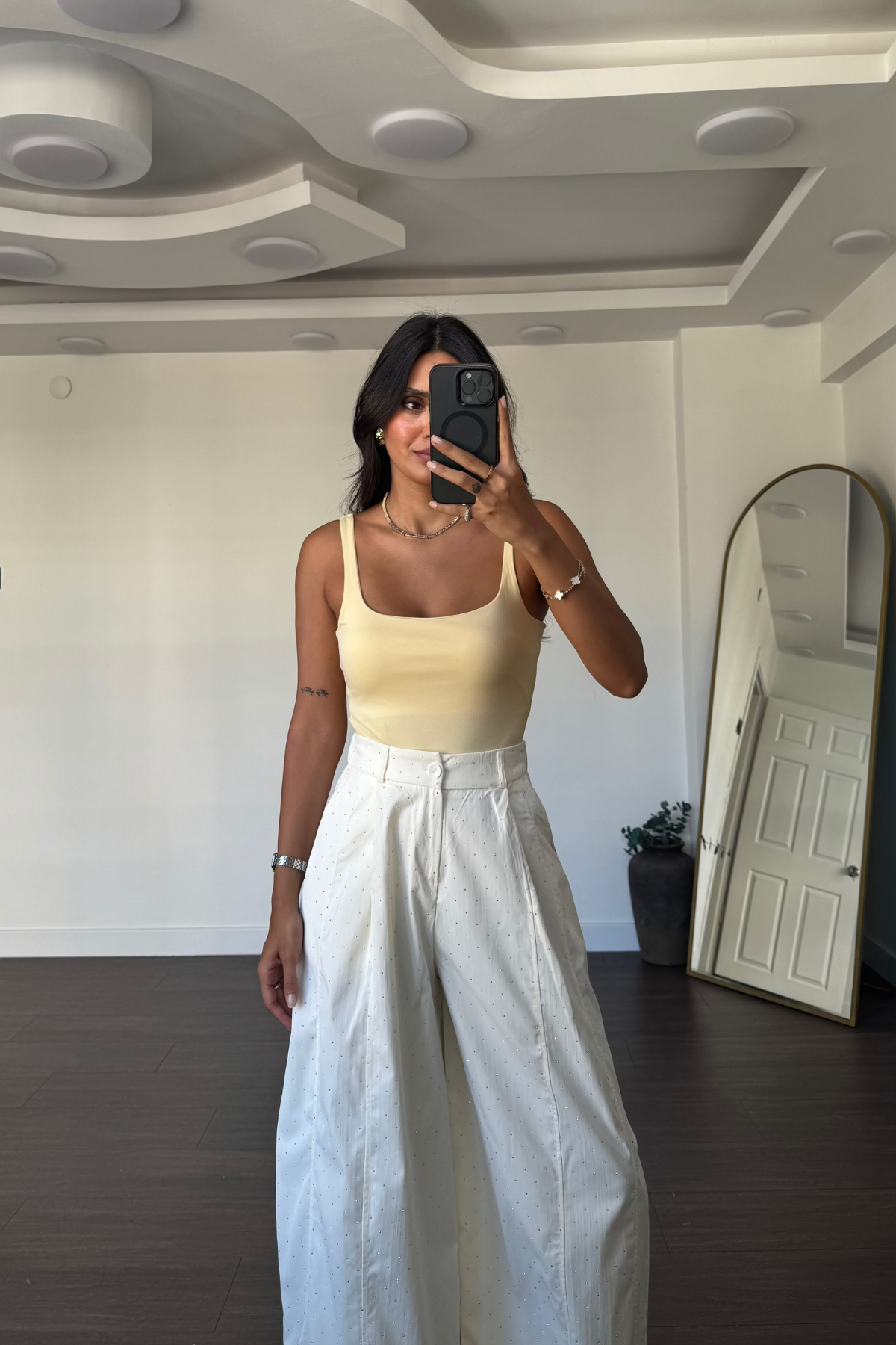 Kare Yaka Kolsuz Bodysuit-Sarı