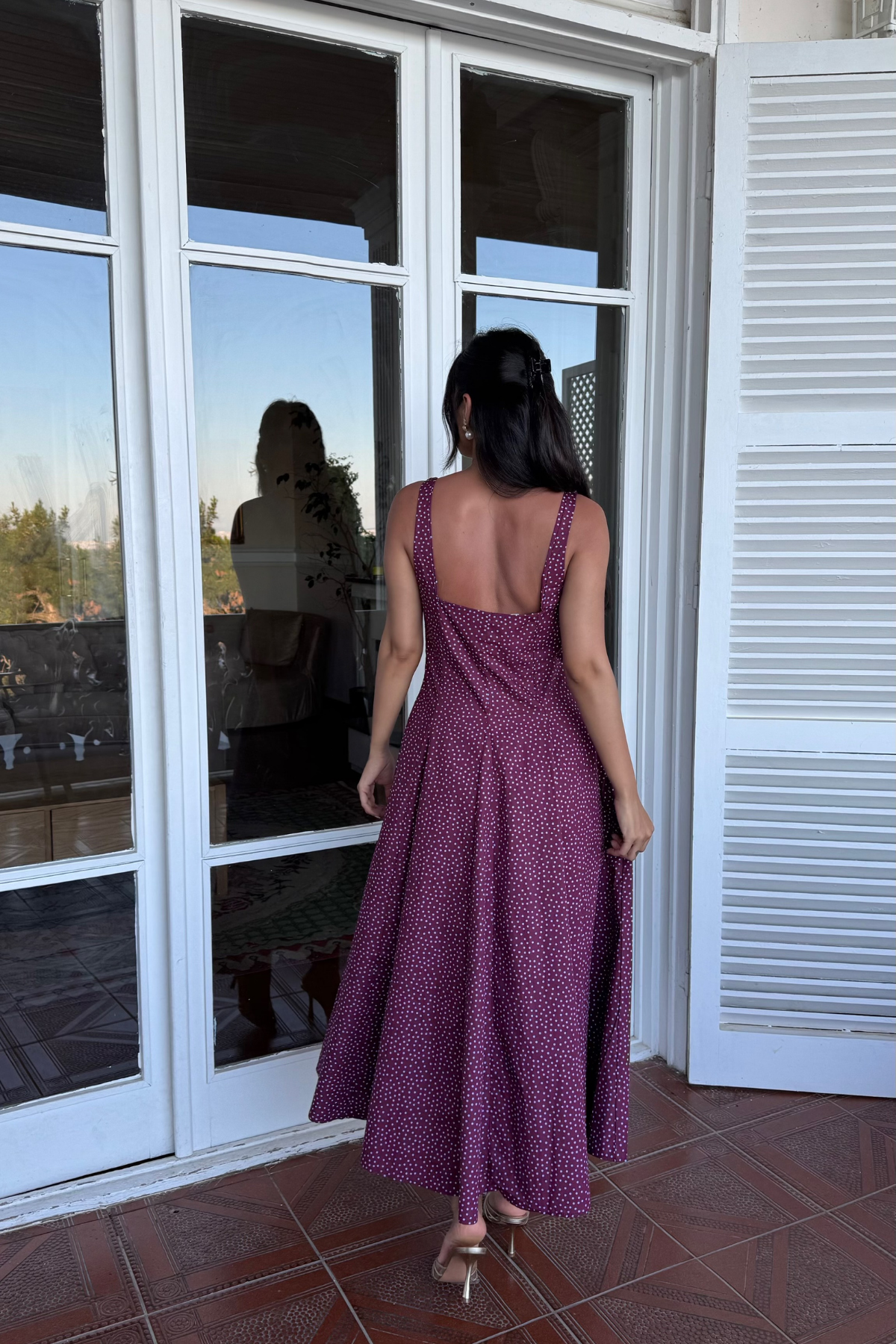 Kare Yaka Puantiyeli Elbise-Bordo