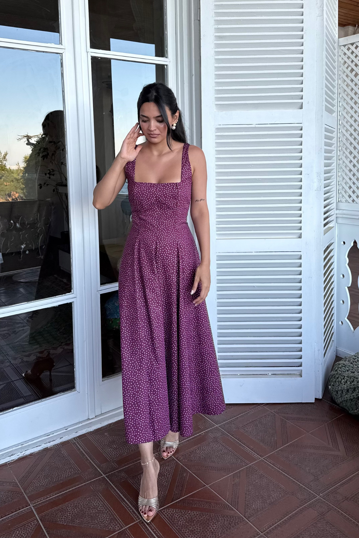 Kare Yaka Puantiyeli Elbise-Bordo