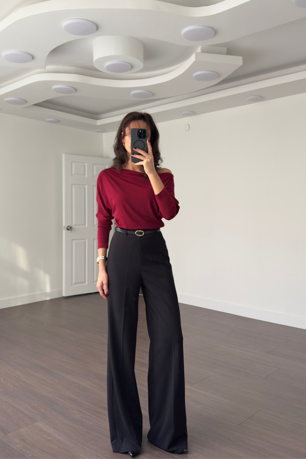 Kayık Yaka Düşük Omuz Bluz-Bordo