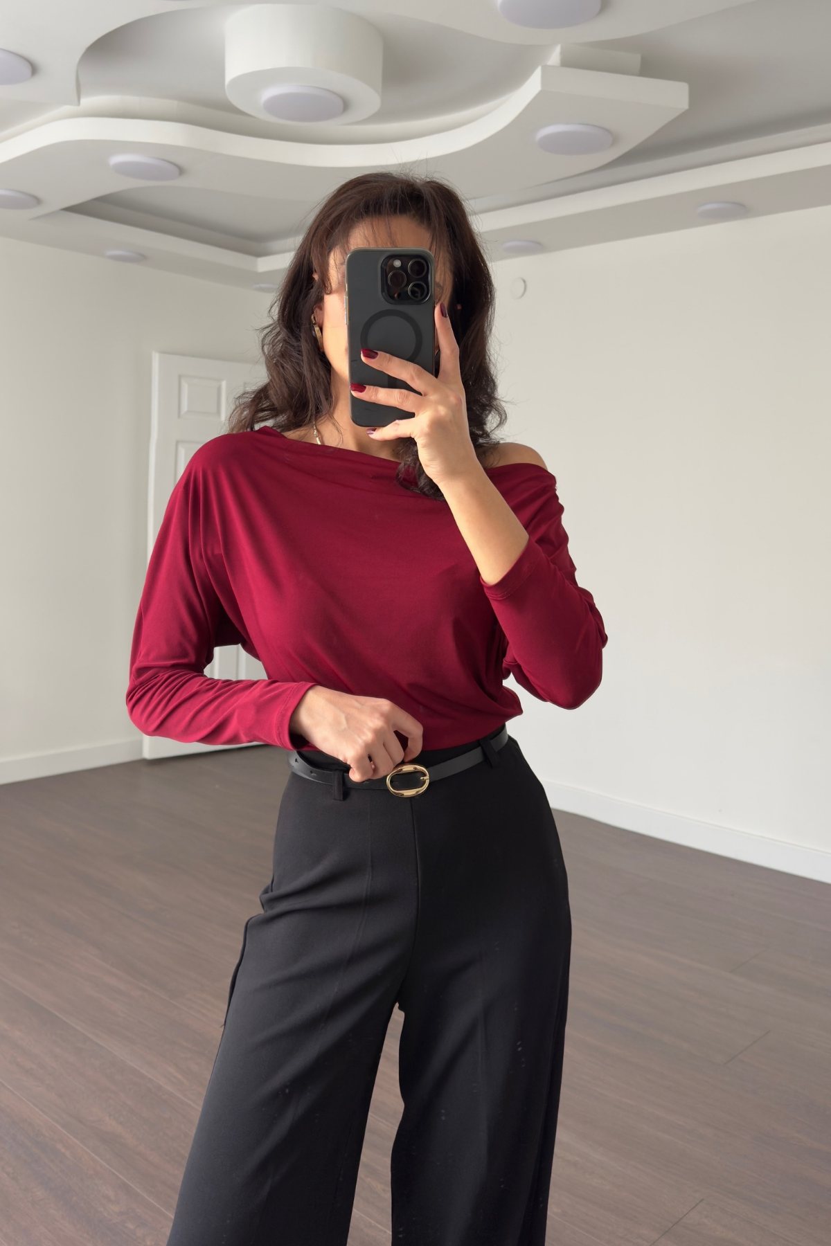 Kayık Yaka Düşük Omuz Bluz-Bordo