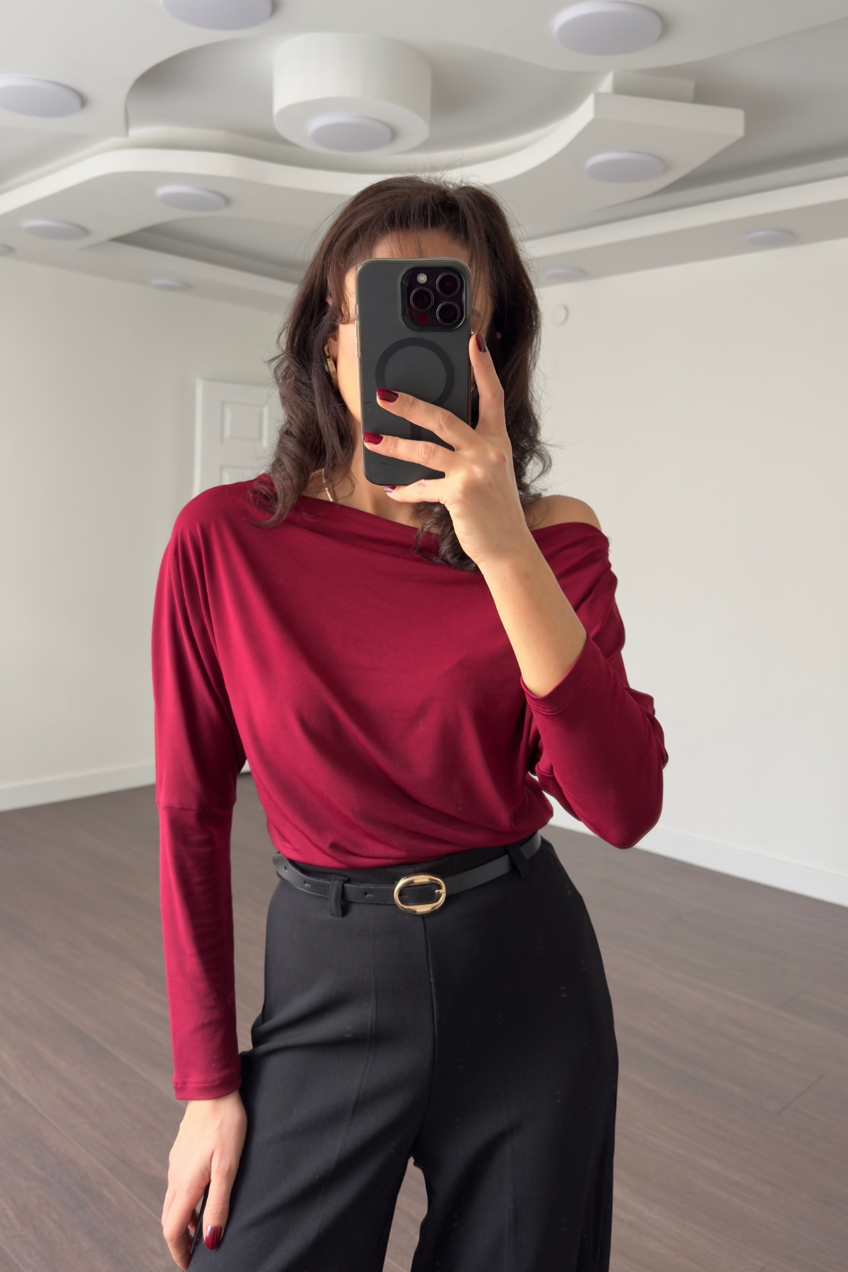 Kayık Yaka Düşük Omuz Bluz-Bordo
