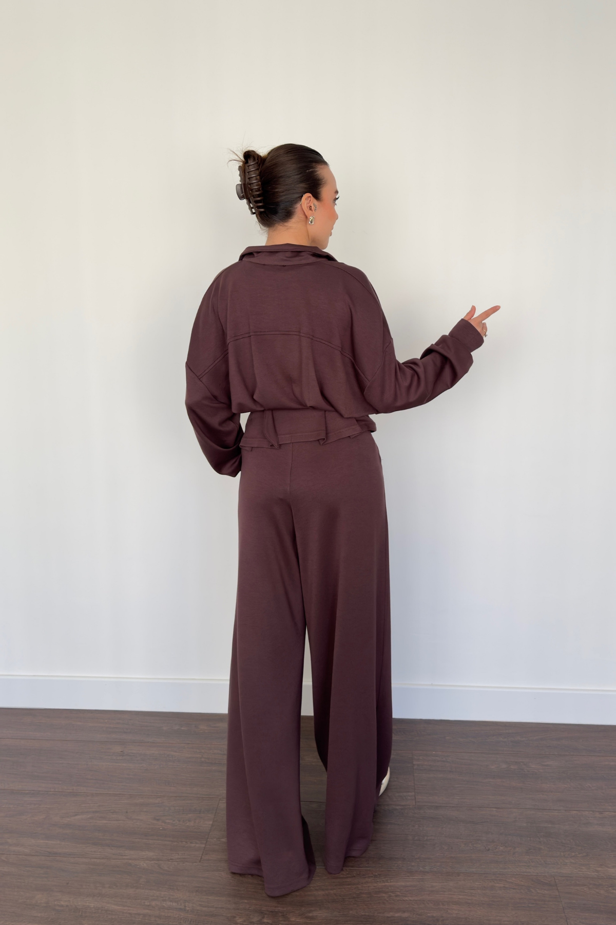 Kemerli Geniş Paça Pantolon Takım-Kahve